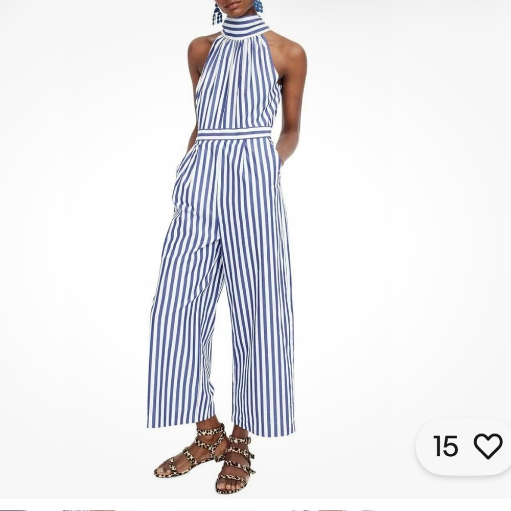 J. Crew Blue and White Striped Halter Bow-Tie Wide-Leg Jumpsuit